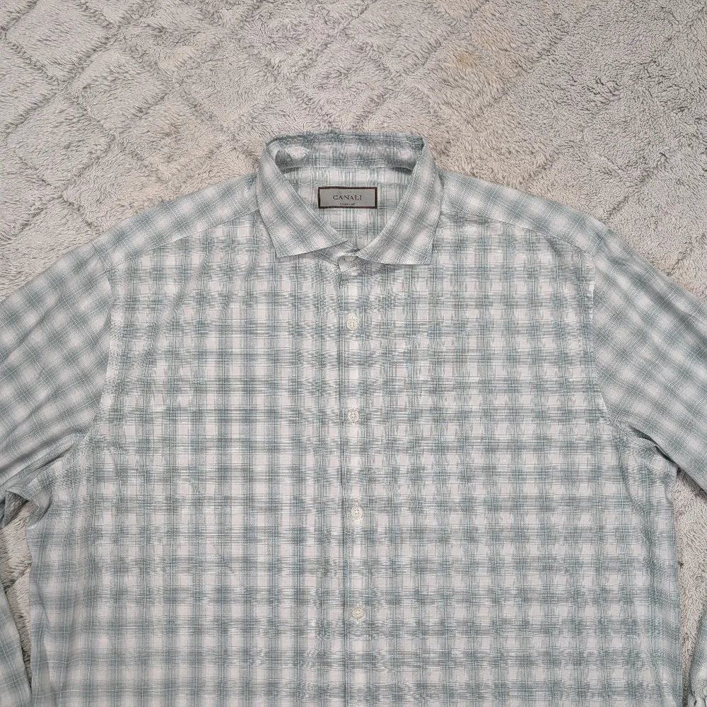 Canali Shirt Mens XL Green Check Cotton Ombre Sport Button Up Long Sleeve Office